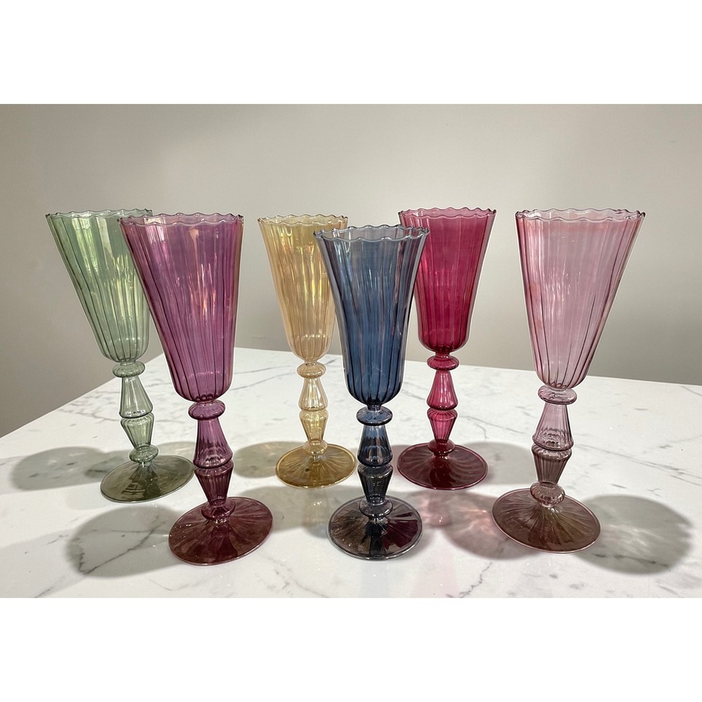 6 Handblown Venetian Murano Glass Iridescent Ribbed Champagne Flutes Multicolor - Picture 9 of 16